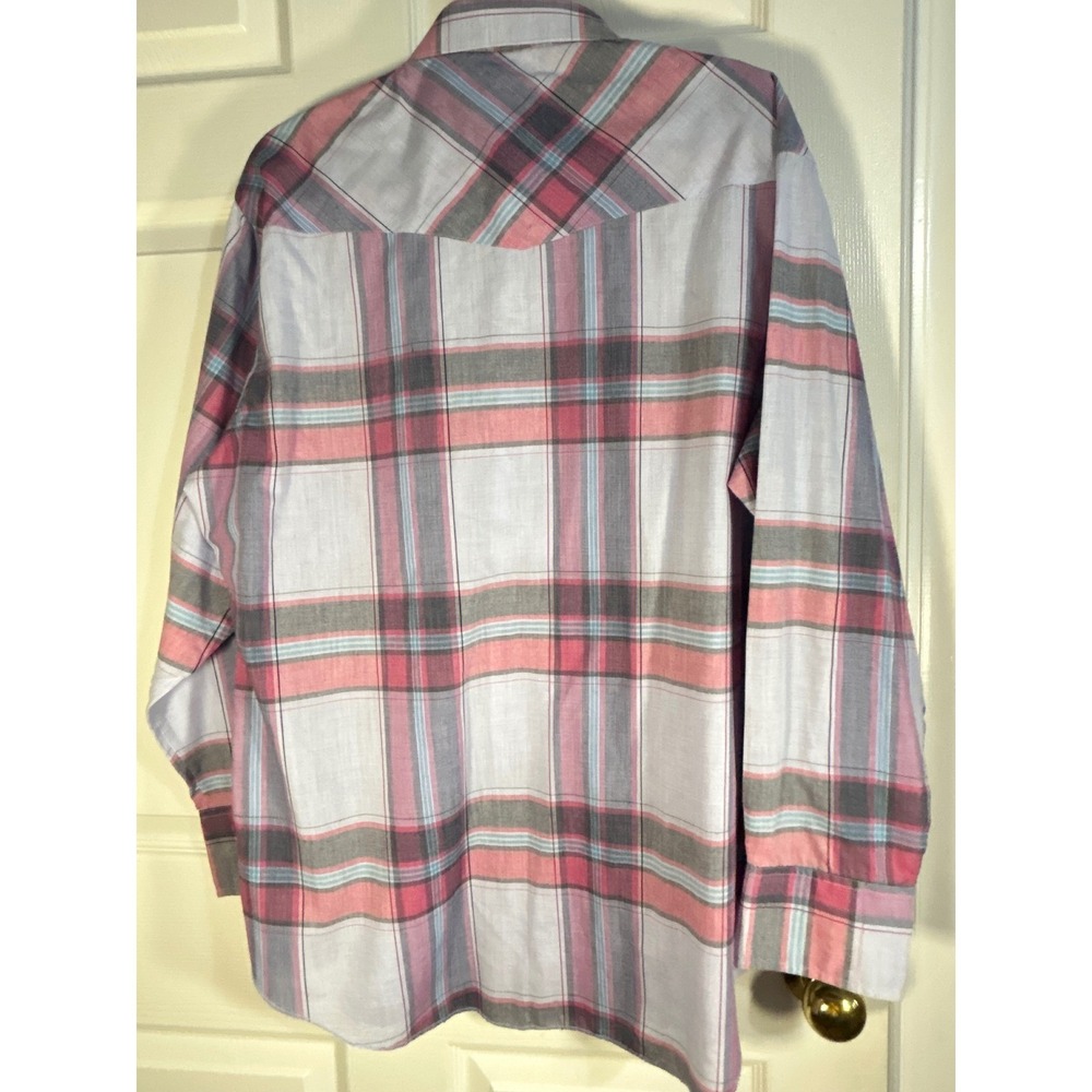 Wrangler Cowboy Cut Western Shirt Mens 17-35 Grey Pink Plaid Pearl Snap 71125AA - Picture 9 of 10
